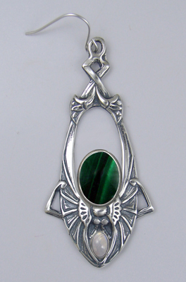 Sterling Silver Dramatic Art Deco Drop Dangle Earrings With Malachite And Rainbow Moonstone